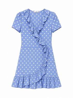 Mango Light Blue and White Polka Dot Ruffle Wrap Dress